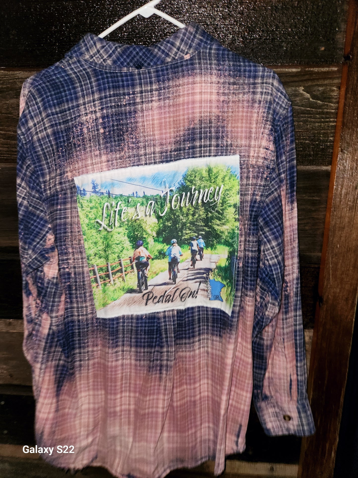Long Sleeve Blue/White Plaid "Lifes' a journey - pedal on"